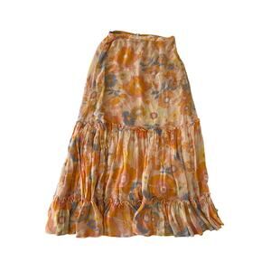 Super Natural Orange Floral A-line Tiered Midi Skirt Women's Small Boho Fairy